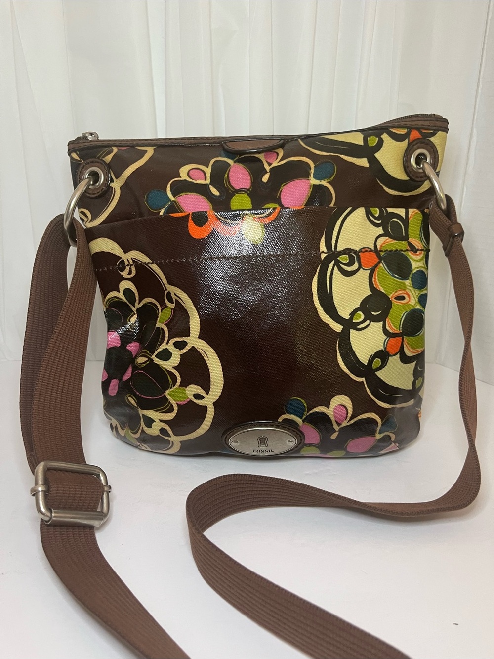Fossil Brown Floral Coated Canvas Crossbody Bag with Multicolor Accents